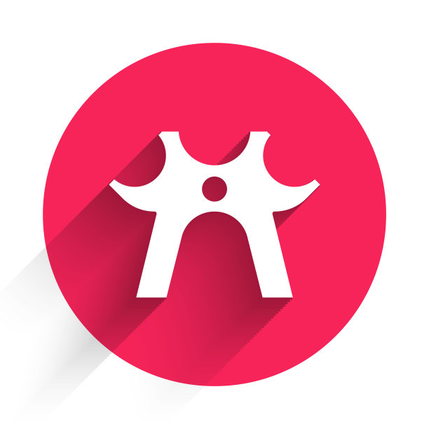 白色台球休息图标孤立与长影子。台球杆辅助杆，桥牌杆。红色圆圈按钮。向量图片下载