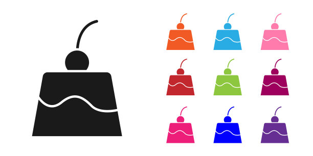 黑布丁蛋奶冻与焦糖釉图标孤立的白色背景。设置图标丰富多彩。向量图片下载