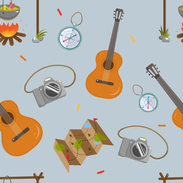 无缝矢量背景上的夏季户外休闲主题。露营。徒步旅行。旅游业。蓝色背景图片下载