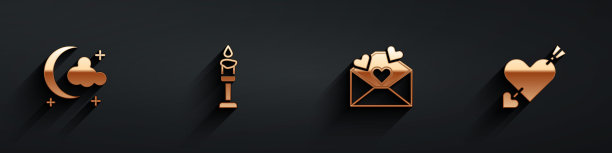 Set Moon and stars, Burning candle, Envelope with Valentine heart and Amour arrow icon with long shadow。向量图片下载