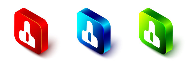 等距自行车座位图标孤立在白色背景。鞍座。红色，蓝色和绿色的方形按钮。向量图片下载