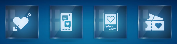 设爱心和箭，手机，相框心和爱情票。方形玻璃面板。向量图片下载