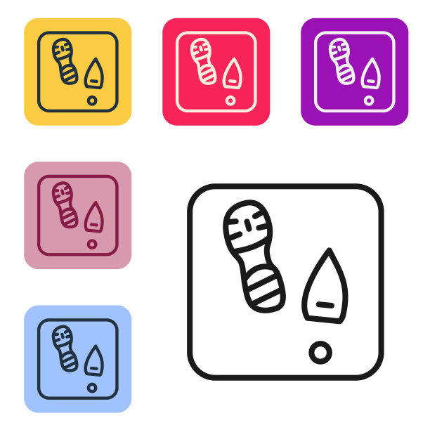 黑线人类脚印鞋图标孤立在白色背景上。鞋鞋底。设置图标的颜色方形按钮。向量图片下载