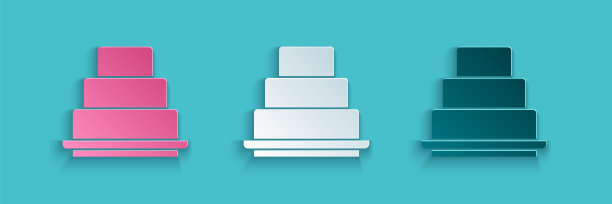 剪纸蛋糕图标孤立在蓝色背景。生日快乐。纸艺术风格。向量图片下载