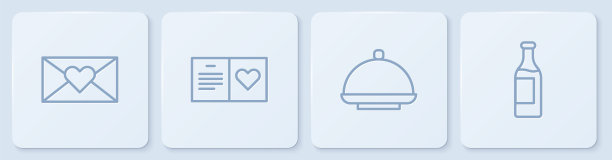 信封上有情人节爱心，有盖的托盘，情人节派对传单和酒瓶。白色正方形按钮。向量图片下载