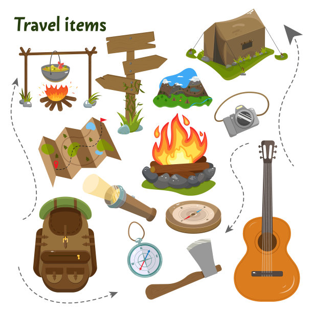 旅游项目向量集。让我们去露营地吧。绘制的元素。图片下载