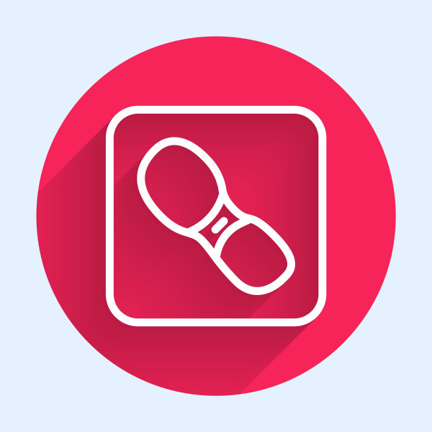 白线人类脚印鞋图标孤立与长影子。鞋鞋底。红色圆圈按钮。向量图片下载