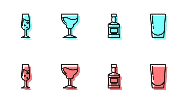 设置行威士忌酒瓶，香槟杯，葡萄酒杯和水图标。向量图片下载