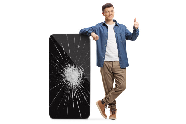 一名年轻男子倚靠在一个屏幕破损的手机上，竖起大拇指图片下载