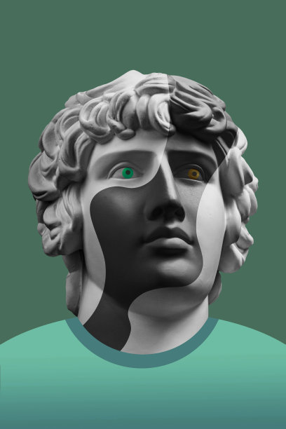 用石膏拼贴的仿古人脸雕塑，具有波普艺术风格。现代创意概念形象与古代雕塑头像。电子杂志的文化。当代艺术海报。时髦的。3 d演示图片下载