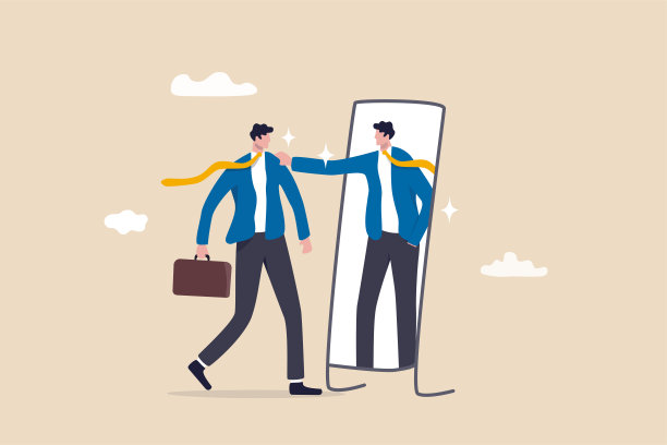 自尊或自我关爱，相信自己提高自信，尊重自己坚定的态度观念，失意商人照镜子用自己的影子鼓励自己的自信。图片下载