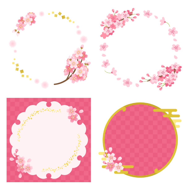 日本风格的圆形和方形框架一套粉红色樱花图片下载