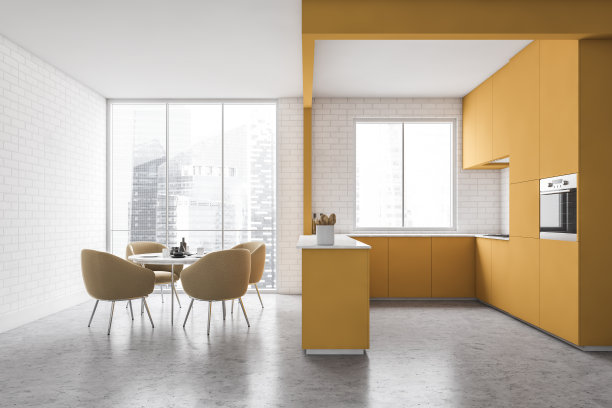 白色和黄色的厨房与桌子图片下载