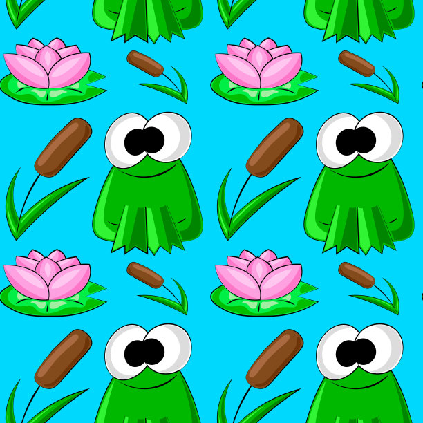 无缝矢量模式与可爱的青蛙，荷花和芦苇图片下载
