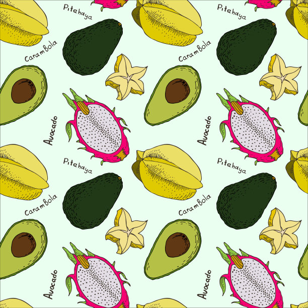 无缝的图案与彩色图像的杨桃，鳄梨和pitahaya图片下载