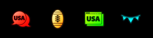 设置美国标签，美式足球，在浏览器和嘉年华花环与旗帜图标。向量图片下载