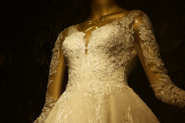 白色长袖婚纱与美丽的蕾丝。图片下载