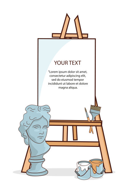 绘画用的艺术材料、画架和帆布。大卫的石膏头。用颜料在画布上作画。孤立对象，设计元素，打印，矢量插图。背景。图片下载