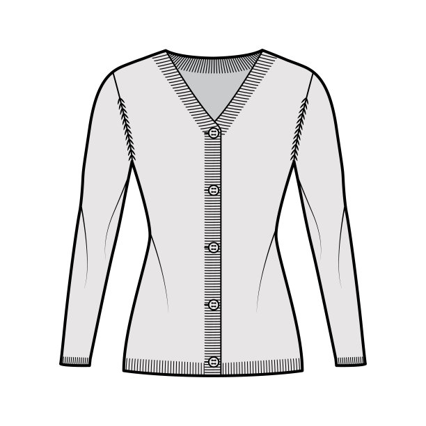 开襟羊毛衫技术时尚插图与罗纹V领，长袖，纽扣关闭修身，针织修剪。平图片下载