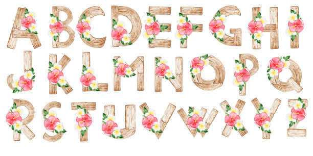 水彩木制字母夏威夷花安排图片下载