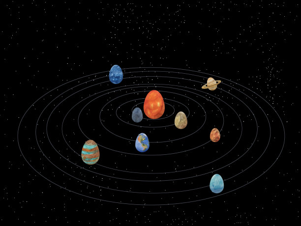 数字插图复活节太阳系与蛋行星在星空宇宙的背景贺卡。图片下载