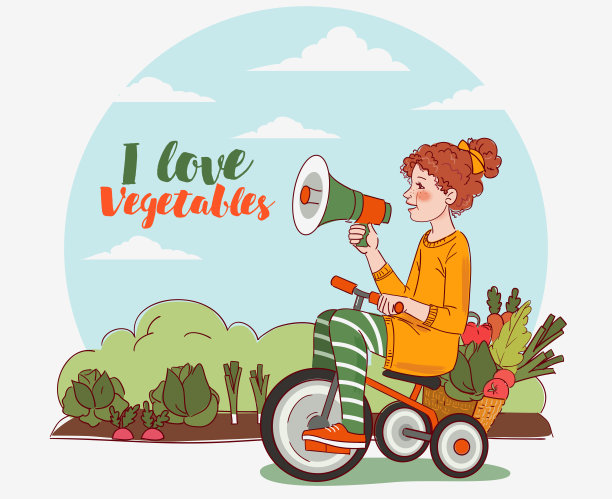 可爱的孩子带着新鲜的蔬菜在花园里骑自行车。有趣的女孩对着扩音器大喊。夏天的时间图片下载