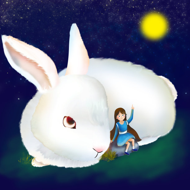 元素中秋女孩兔子赏月图片下载