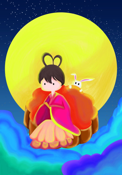 元素手绘七夕嫦娥月饼兔子元素图片下载