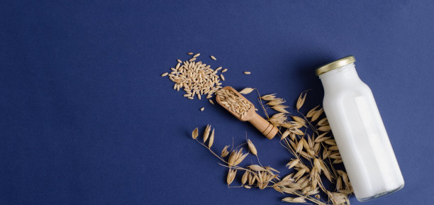 燕麦牛奶在一个瓶子里，燕麦麸皮和耳朵在一个深色的背景与空间的复制，平面布局图片下载