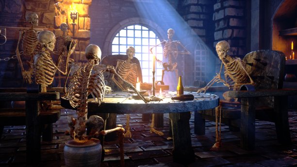 中世纪城堡里的古代骷髅正在玩耍。神秘的噩梦的概念。3 d渲染。图片下载