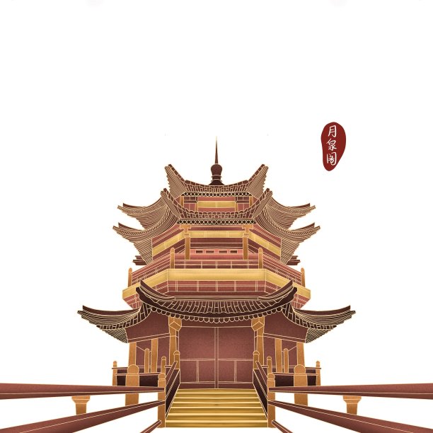 手绘彩色敦煌月泉阁图片下载