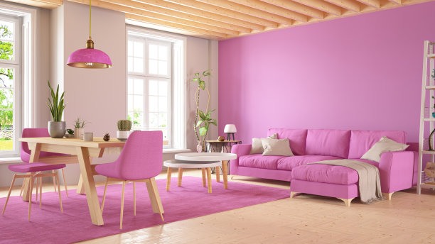 淡粉色客厅，沙发和家具图片下载