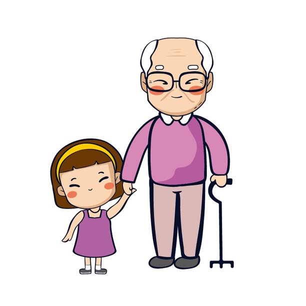 原创卡通老人温馨爷爷和孙女素材图片