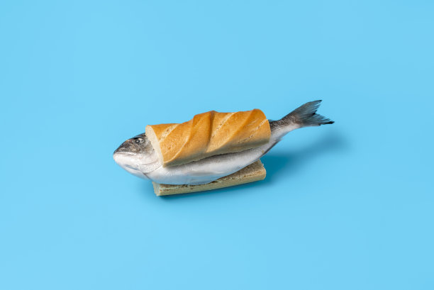 蓝色背景下孤立的鱼三明治。吃生鱼的概念。图片下载