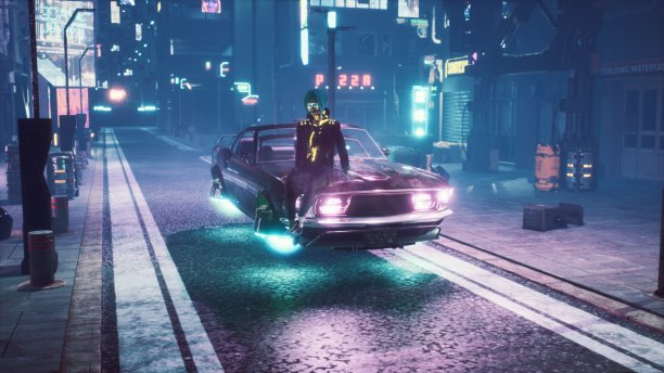 女孩坐在一辆未来派的汽车上放松，站在未来城市的霓虹街道上。未来虚构城市的景象。3 d渲染。图片下载