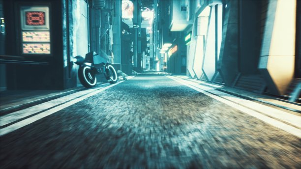 废弃的霓虹雾蒙蒙的街道上的电子城市有着黑暗寂寞的建筑。未来虚构城市的景象。3 d渲染。图片下载