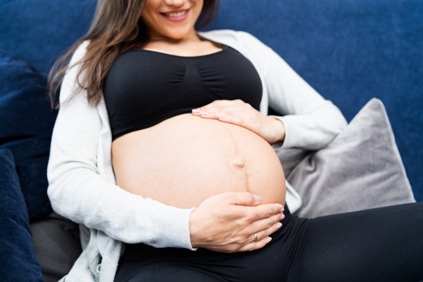 年轻孕妇的肖像坐在沙发上触摸她的肚子在她的家客厅。白种孕妇练习健身。产前腹股沟。怀孕健身图片下载