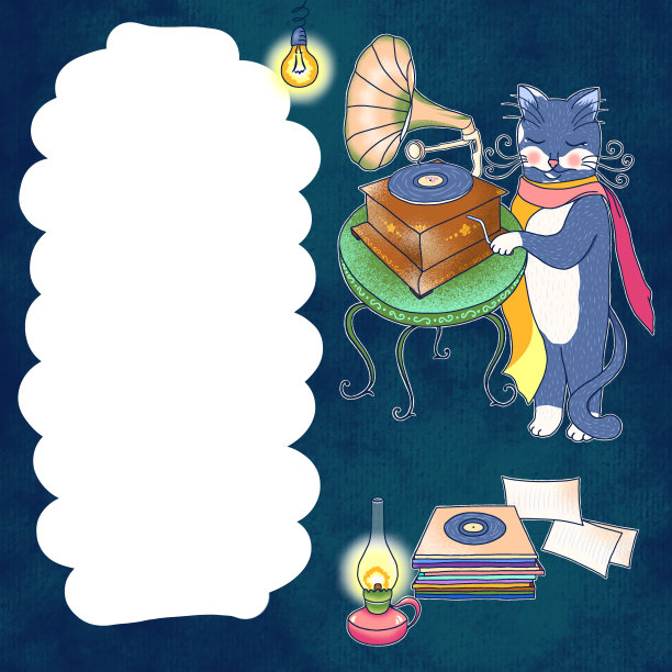 一只猫转动留声机的把手。卡通卡片与文字的地方图片下载
