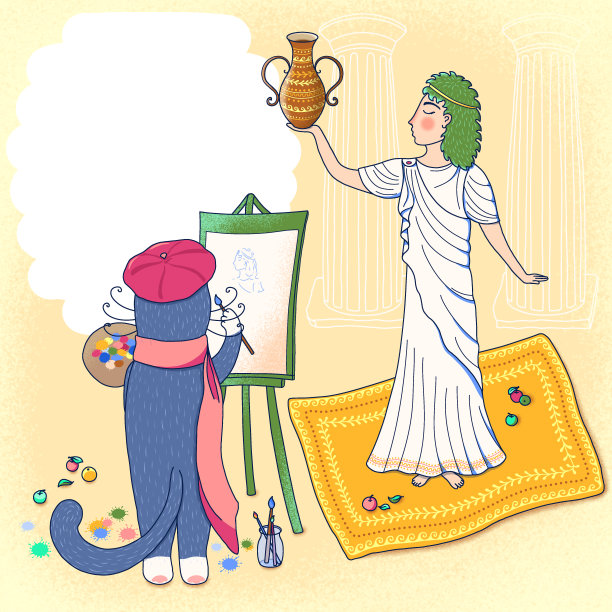 猫艺术家画一幅画。卡通卡片与文字的地方。年轻女子，头发是绿色的图片下载