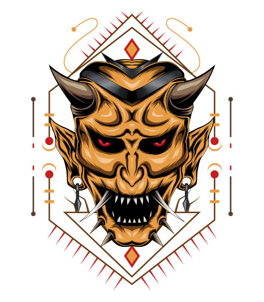 歌舞伎插图。魔鬼的脸说明。恶魔LOGO负责人图片下载