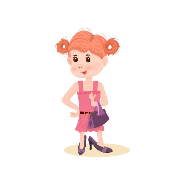 小女孩穿上妈妈的鞋和包，平底风格的卡通人物。图片下载