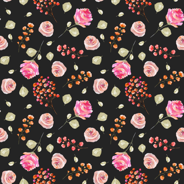 水彩玫瑰嫩嫩的粉红色和绿色玫瑰叶无缝图案图片下载