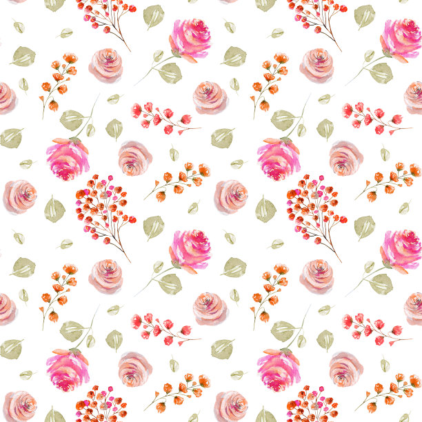 水彩玫瑰嫩嫩的粉红色和绿色玫瑰叶无缝图案图片下载