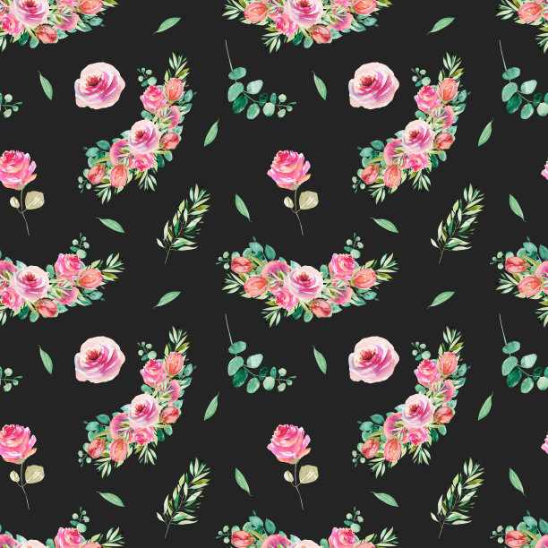 水彩粉红玫瑰，绿叶和桉树枝的花卉无缝图案图片下载