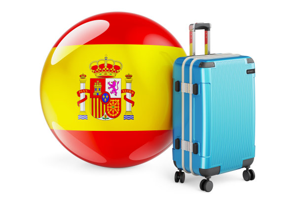 带有西班牙国旗的手提箱。西班牙旅游概念，3D渲染孤立的白色背景图片下载