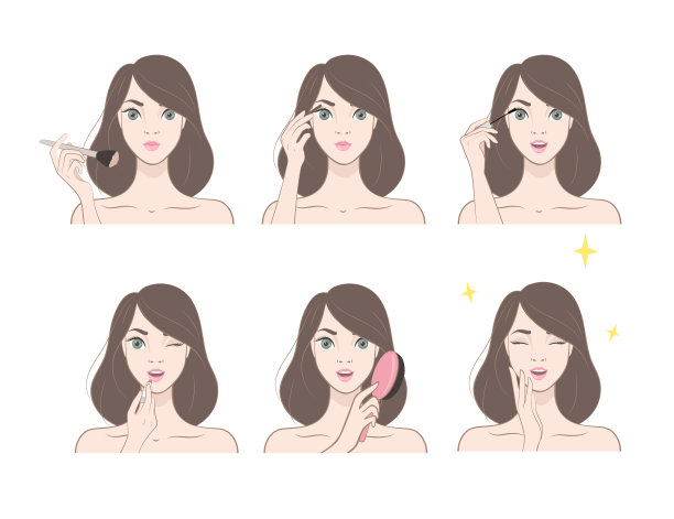 年轻的黑发女人化妆与各种行动设置。图片下载