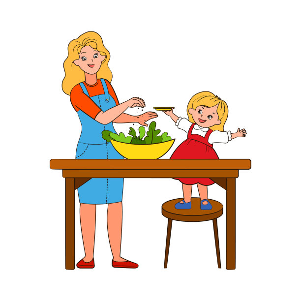 妈妈和小女儿一起在大桌子上做沙拉图片下载