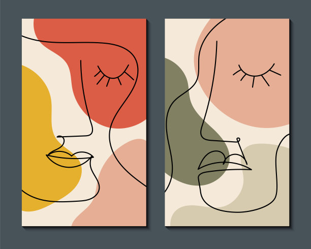 现代抽象艺术的面孔。一组抽象的背景与最小的形状和线条。家居装饰设计。手绘水彩效果画形状和线条艺术的脸。当代那种波西米亚风格的设计。图片下载