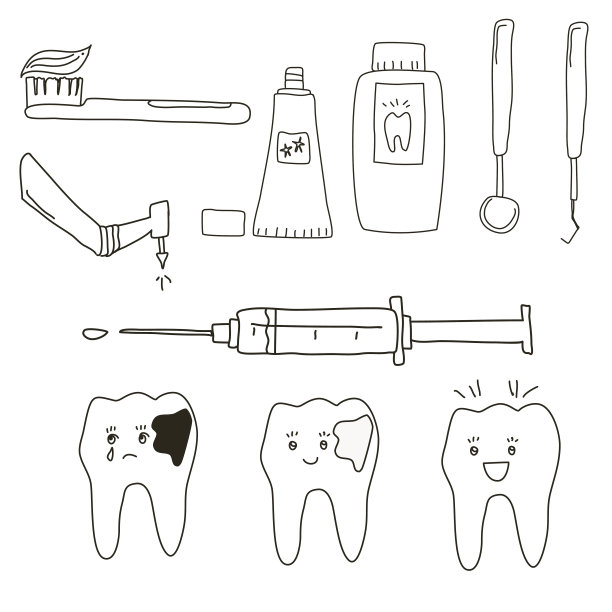 一套健康和生病的牙齿和牙医的工具图片下载