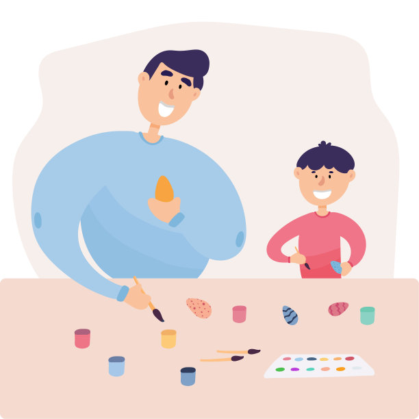 快乐家庭准备复活节春节庆祝活动。爸爸和儿子在兔耳朵里画鸡蛋。图片下载